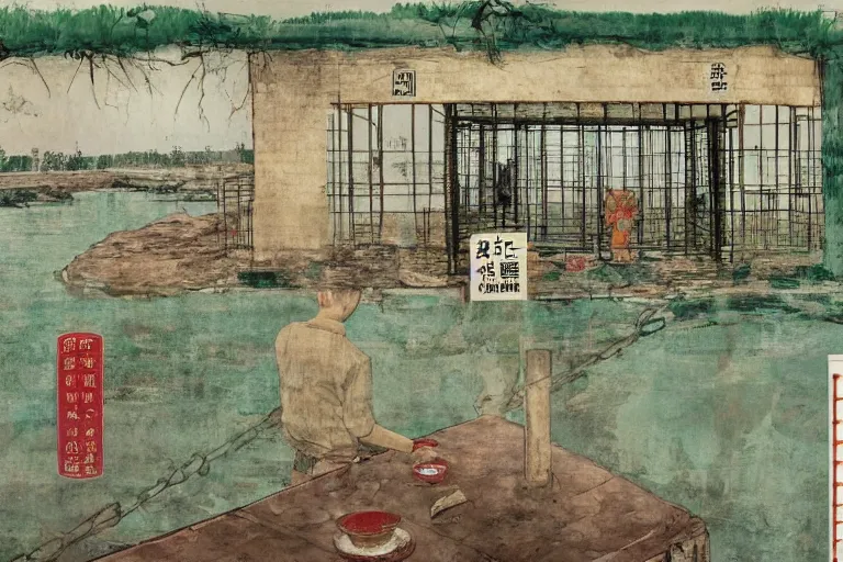 Image similar to a chinese prison near a river by peter doig, overlaid with chinese adverts