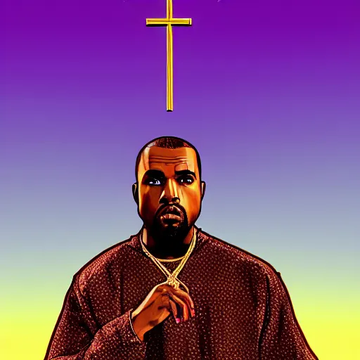 Image similar to illustration gta 5 artwork of holy saint kanye west, golden cross, in the style of gta 5 loading screen, by stephen bliss