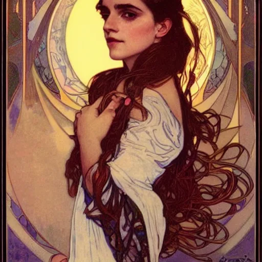 Prompt: emma watson portrait by louis - theophile hingre and alphonse mucha, realistic, sharp focus, zodiac signs, tarot cards, planets, ethereal, art nouveau, magic, moon, sun, crown, dreamy, royal, jewellery