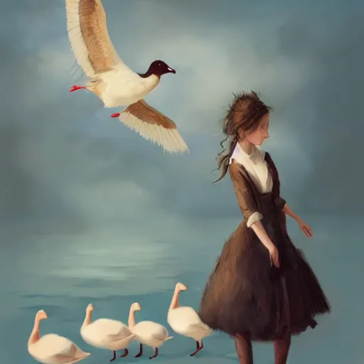 Prompt: girl with geese, elegant, artstation, art by helen bouchard