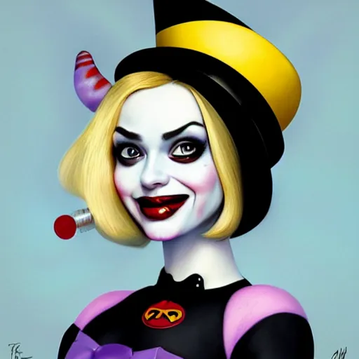 Prompt: lofi portrait of harley quinn, wearing a tophat, Pixar style, by Tristan Eaton Stanley Artgerm and Tom Bagshaw.