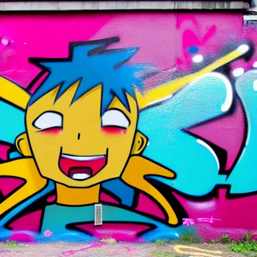 Image similar to graffiti on a wall, happy anime character ,