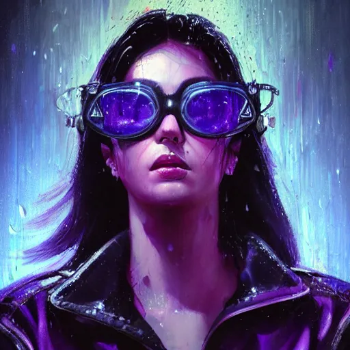 Image similar to very detailed masterpiece painting of a very beautiful wet young mexican cyberpunk woman with blue shutter shades, dark purple hair and a purple leather jacket, closeup, cyberpunk background, purple lighting, raining, portrait, artstation, concept art by greg rutkowski