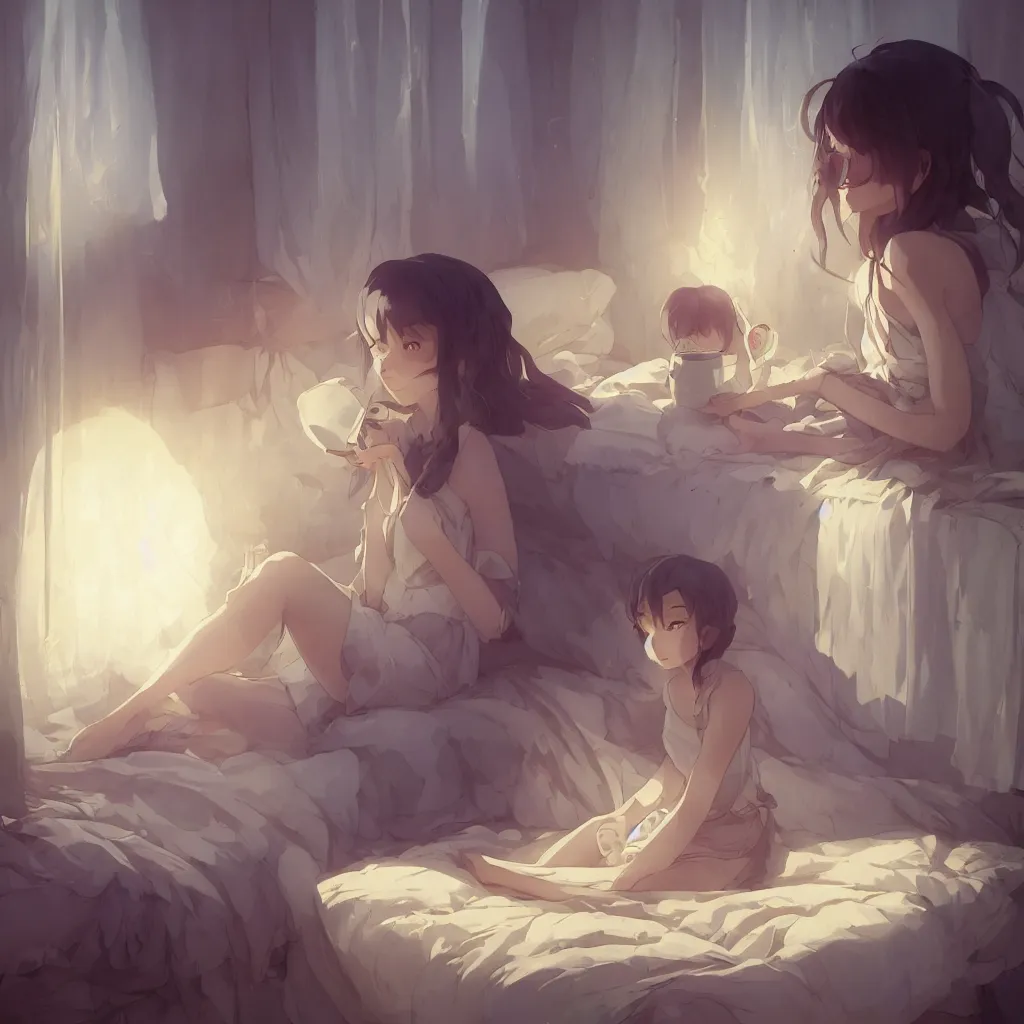 Prompt: beautiful scene render of a girl is sitting on the bed, holding a cloth doll, dimly lit bedroom, hot cocoa drink, dessert, perfectly shaded, atmospheric lighting, style of makoto shinkai and peter mohrbacher, studio ghibli. artgerm, karol bak, beeple, animation style, 8 k hd, ultra wide angle, hyper detailed