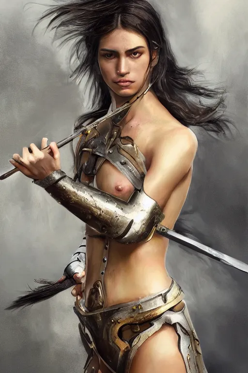 Image similar to a photorealistically painted portrait of an attractive young female, partially clothed in battle armor, with an abstractly painted background, flawless olive skin, fair complexion, long dark hair, beautiful bone structure, perfectly symmetric facial features, perfect photorealistic eyes, natural physique, intricate, elegant, digital painting, concept art, finely detailed, beautifully illustrated, sharp focus, minimal artifacts, volumetric lighting, from Metal Gear, by Ruan Jia and Mandy Jurgens and Artgerm and William-Adolphe Bouguerea, in the style of Greg Rutkowski, trending on Artstation, award winning art