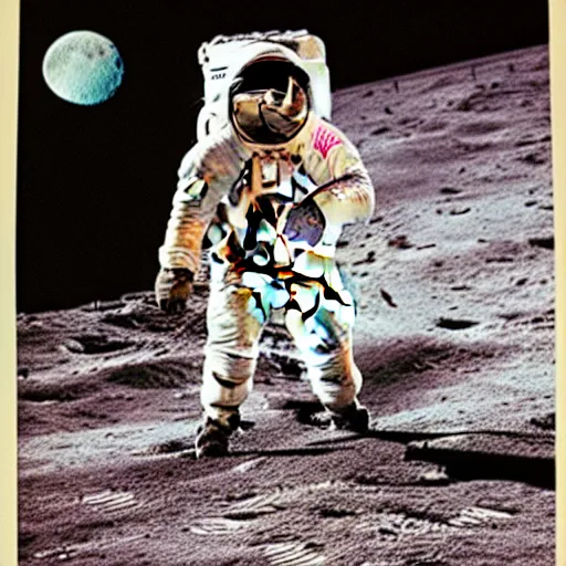 Prompt: old photograph of astronaut playing blue guitar on the moon, photorealistic, high detail, moon landing