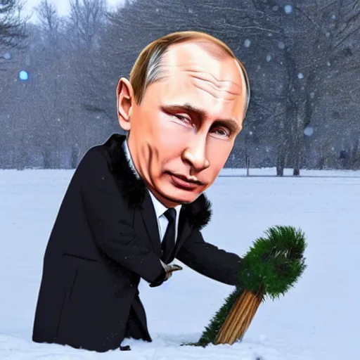 Image similar to caricature of Vladimir Putin alone and depressed in the snow, detailed,