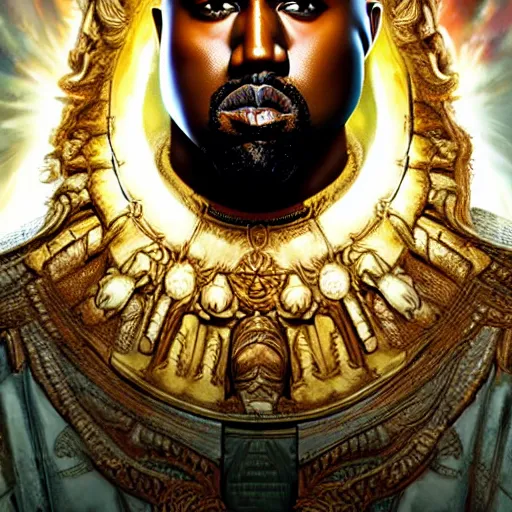 Image similar to Portrait of Kanye West as the god-emperor of mankind, amazing splashscreen artwork, splash art, natural light, elegant, intricate, fantasy, atmospheric lighting, cinematic, matte painting