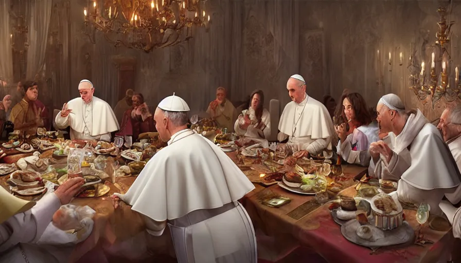 Prompt: the pope at a shabbat dinner, hyperdetailed, artstation, cgsociety, 8 k