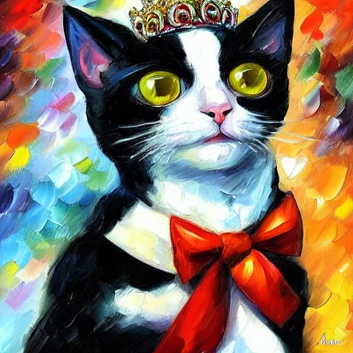 Image similar to portrait painting of a tuxedo cat wearing a silver crown and necklace by Leonid Afremov