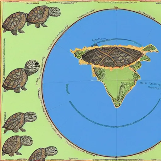 Image similar to a stack of turtles beneath a flat earth, round map, turtle pile