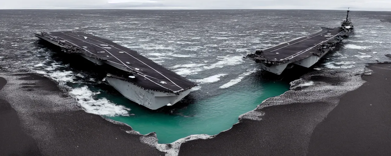 Image similar to low angle cinematic shot of abandoned aircraft carrier submerged in the middle of an endless black sand beach in iceland, rivers