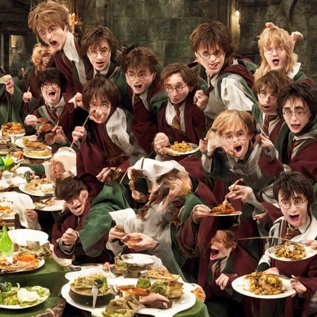 Prompt: harry potter eating a plate of food with the other harry potter characters ( jk ). in the background, a green screen. very high quality footage.