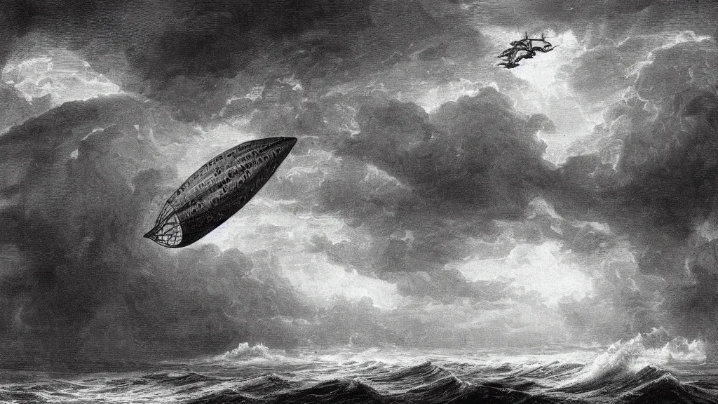 Image similar to drawing of one giant steampunk zeppelin flying above a stormy ocean, by gustave dore, nineteenth century, black and white, vintage, science fiction, epic composition, dramatic lighting, highly detailed, cinematic