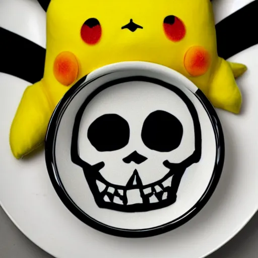 Image similar to pikachu as a skeleton on a plate, photo realistic