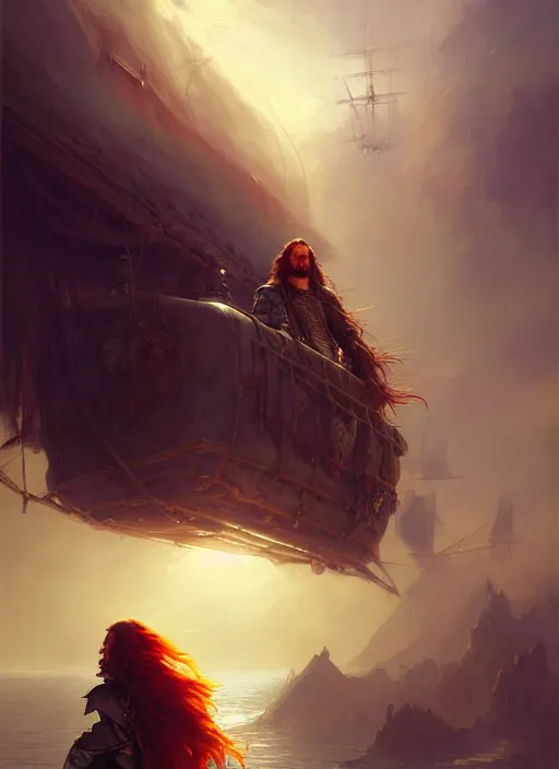 Image similar to portrait painting of a handsome rugged long hair red hair male pirate, soft hair steampunk airship in the sky art by raphael lacoste and stephan martiniere greg rutkowski gaston bussiere fantasy soft hair trending on artstation deviantart book cover art concept art key art dramatic volumetric lighting, 4 k, award winning