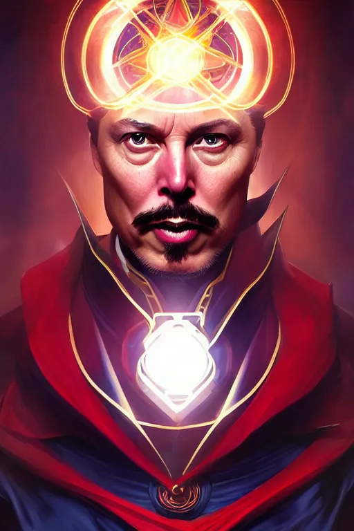 Image similar to elon musk as dr strange, realistic portrait, symmetrical, highly detailed, digital painting, artstation, concept art, smooth, sharp focus, illustration, cinematic lighting, art by artgerm and greg rutkowski and alphonse mucha