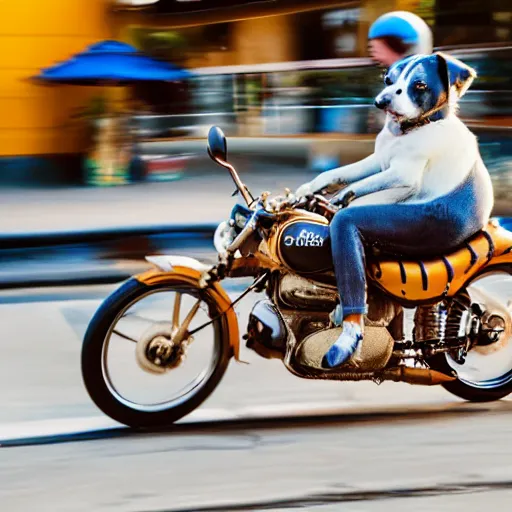 Image similar to blue heeler dog on a motorcycle, 8 k photography, blurred background of a wafflehouse