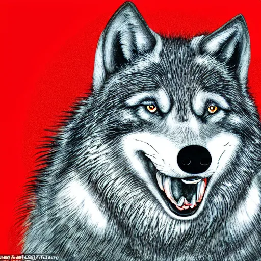 Image similar to portrait of retarded wolf, he is sick with rabies, very big teeth, eyes in different direction, missing ear, soviet propaganda style