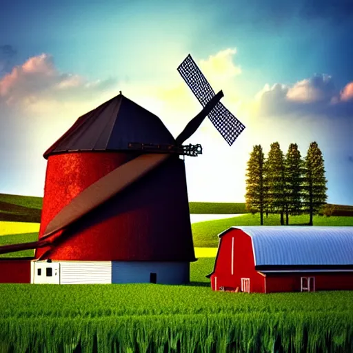 Prompt: farm theme, linux, windmill, broken pipe, 3 d art, digital illustration, perfect lighting