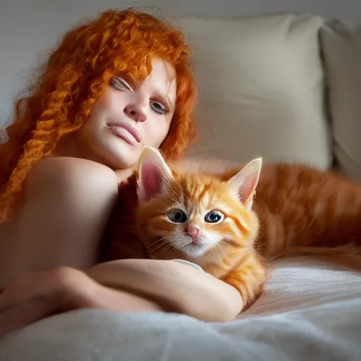 Image similar to an orange tabby kitten and a girl with curly blonde hair cuddling on a bed, photorealistic