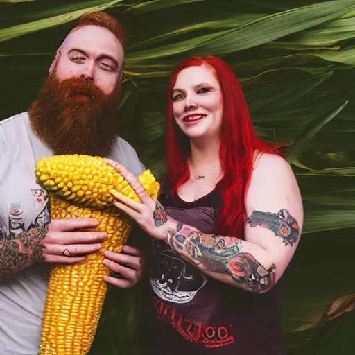 Prompt: photo of a redheaded woman and a man with a thick dark beard and tattoos. They are holding a giant corn with a babies face