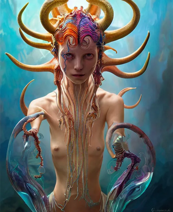 Image similar to intricate colorful transparent portrait of a terrifying beautiful alien sea creature, horns, shells, mottled coloring, adorable, childlike, anxiety environment, ultra realistic, concept art, art nouveau, photorealistic, octane render, 8 k, unreal engine. art by christopher marley and artgerm and greg rutkowski and alphonse mucha