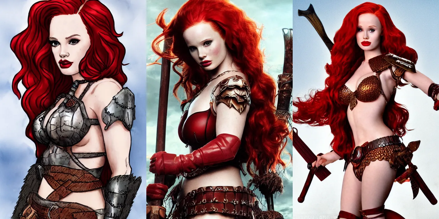Prompt: Madelaine Petsch as Red Sonja, heroic, fantasy, trending on deviantart