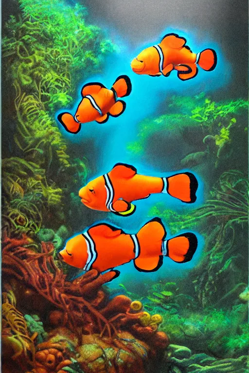 Prompt: oldbio rainforest clownfish, painted by richard corben and wayne reynolds and bob eggleton and sid check, trending on artstation, volumetric lighting top view movie poster, crayon art, crayon art, naturalism, idealism