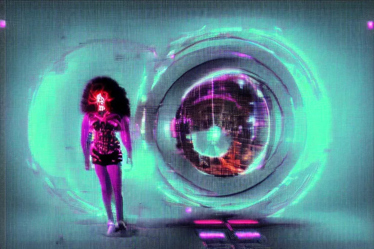 Prompt: friendly cyborg - clowngirl emerging from a space portal in cyberspace, fractaling outwards, in 1 9 8 5, y 2 k cutecore clowncore, bathed in the glow of a crt television, crt screens in background, low - light photograph, in style of tyler mitchell