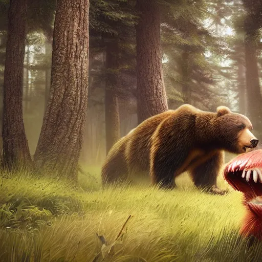 Image similar to realistic bear with red eyes, giant teeth, nature magic, fantasy book, d & d, high detail, 8 k, octane render painting, dark fantasy