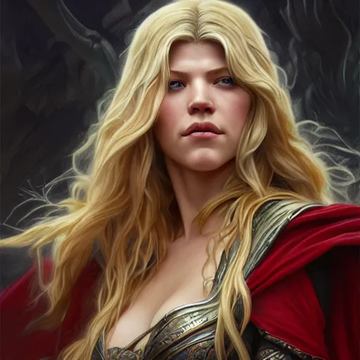 Image similar to beautiful Katheryn Winnick as Lady Thor, western, closeup, D&D, fantasy, intricate, elegant, highly detailed, digital painting, artstation, concept art, matte, sharp focus, illustration, art by Artgerm and Greg Rutkowski and Alphonse Mucha