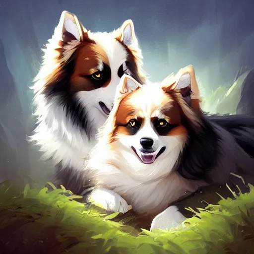 Prompt: two finnish lapphunds, one brown and tan domino one black with white markings, pointy ears, fanart ornate fantasy ori and the blind forest cover style official behance hd artstation by jesper ejsing, by rhads, makoto shinkai and lois van baarle, ilya kuvshinov, rossdraws pastel vibrant