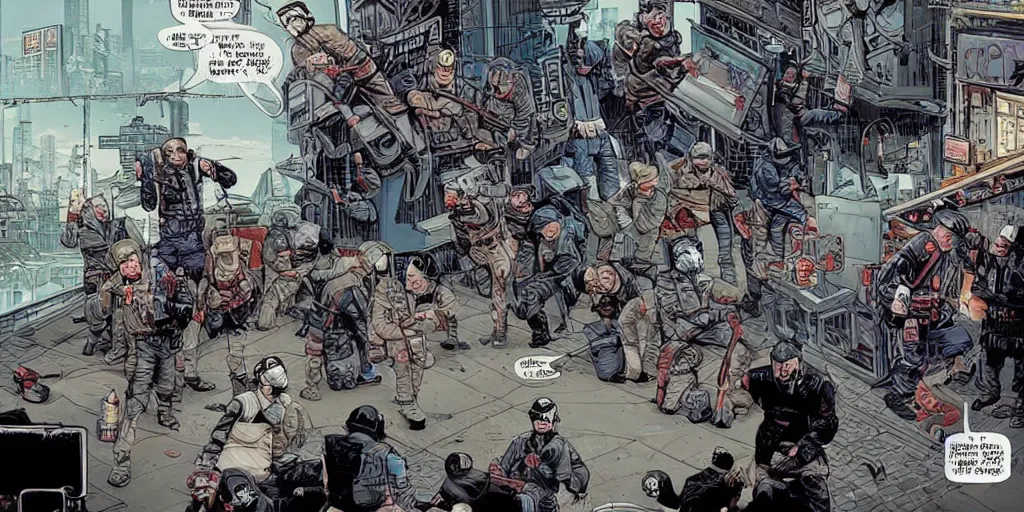 Prompt: keystone cops vs. Cyberpunk Ninjas. Epic painting by James Gurney and Laurie Greasley.