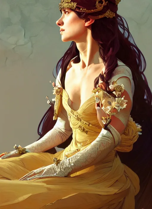 Image similar to portrait of a full body of beautiful female princess, d & d, baroque dress, flat lighting, intricate, highly detailed, digital painting, artstation, concept art, smooth, sharp focus, illustration, art by simon bisley and greg rutkowski and alphonse mucha, natural tpose