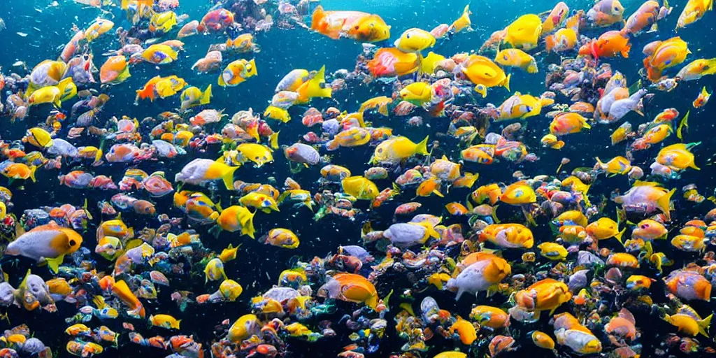 Prompt: tropical fish, fish, maximalist, large group of fish, school of colorful fish, 8k marine photography