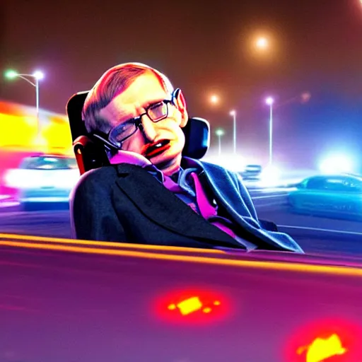 Prompt: stephen hawking in neon lights street racing and trying to escape police