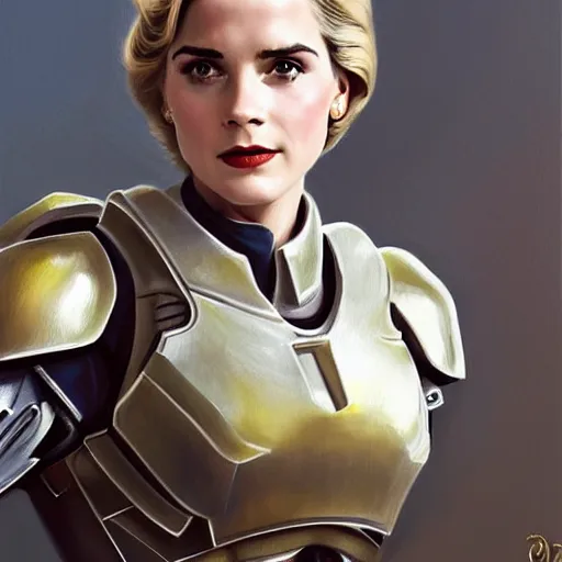 Image similar to A combination of Grace Kelly's and Emma Watson's and Ashley Greene's appearances with blonde hair wearing Master Chief's armor, full body portrait, western, D&D, fantasy, intricate, elegant, highly detailed, digital painting, artstation, concept art, matte, sharp focus, illustration, art by Donato Giancola and James Gurney