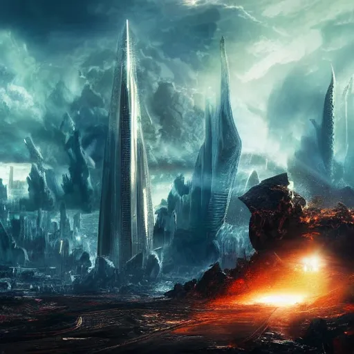 Image similar to the fall of god onto the earth caused by man, shattered earth, destroyed futuristic cities in the background, a gleaming tower in the horizon with light piercing the clouds, apocalyptic, atmospheric, high quality, high definition