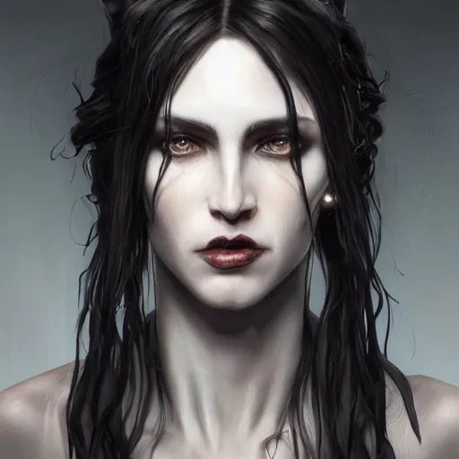 Image similar to portrait painting of an androgynous witch with shoulder length flowing black hair pale skin and beautiful dark brown eyes wearing a punk clothes, ultra realistic, concept art, intricate details, eerie, highly detailed, photorealistic, octane render, 8 k, unreal engine. art by artgerm and greg rutkowski and magali villeneuve