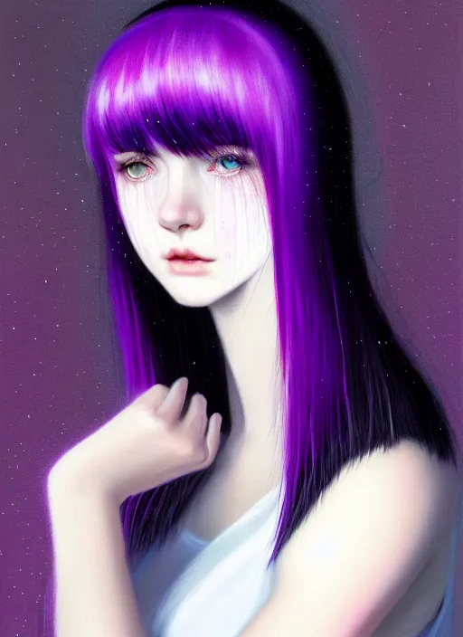 Image similar to portrait of teenage girl with white bangs, red irises, black hair, purple clothes, white bangs, bangs are different color from hair, intricate, front of hair is white rest is black, elegant, glowing lights, highly detailed, digital painting, artstation, concept art, smooth, sharp focus, illustration, art by wlop, mars ravelo and greg rutkowski