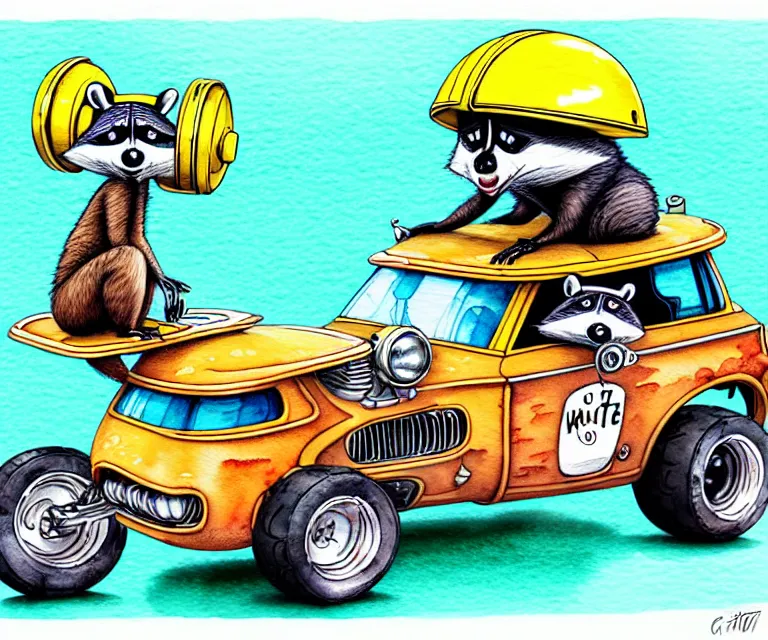 Image similar to cute and funny, racoon wearing a helmet riding in a tiny hot rod with oversized engine, ratfink style by ed roth, centered award winning watercolor pen illustration, isometric illustration by chihiro iwasaki, edited by craola, tiny details by artgerm and watercolor girl, symmetrically isometrically centered