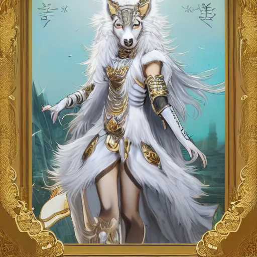 Prompt: commissioned full body furry portrait of a female anthro wolf-headed princess fursona with white hair wearing a white and gold chinese armored dress in a white and gold palace, by a professional manga illustrator, Stanley Artgerm Lau, WLOP, Rossdraws, James Jean, Andrei Riabovitchev, Marc Simonetti, and Sakimichan, trending on artstation