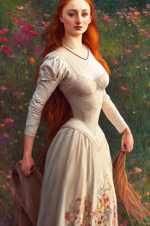 Prompt: sophie turner as marie antoinnette detailed clothing, half body shot, arms down, path traced, highly detailed, high quality, digital painting, alena aenami, lilia alvarado, shinji aramaki, karol bak, alphonse mucha, tom bagshaw