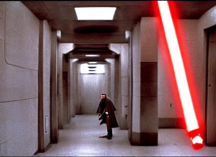 Prompt: Still of Clint Eastwood as Obiwan kenobi with his light saber in the death star corridors in Star Wars (1977)