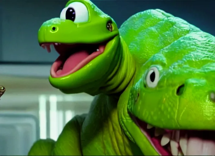 Image similar to film still of yoshi in the new sci - fi movie, cute upright dinosaur with a small turtle shell and long tongue, 8 k