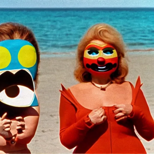 Prompt: 1969 twin women on tv show wearing an inflatable smiley mask with googly eyes, technicolor wearing a swimsuit at the beach 1969 color film 16mm holding a hand puppet Fellini John Waters Russ Meyer Doris Wishman