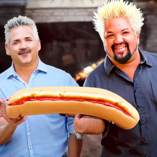 Image similar to stock image guy holding hot dog over a bridge with guy fieri