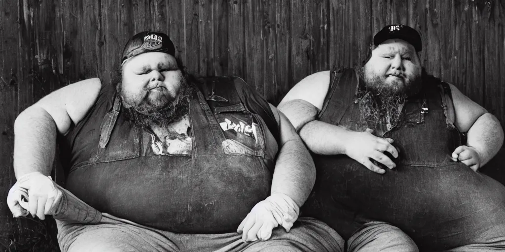 Image similar to extremely obese redneck white male with long beard, wearing dirty overalls, dirty greasy face, angry frown, reclining on a sofa, kodak gold 2 0 0, 5 0 mm