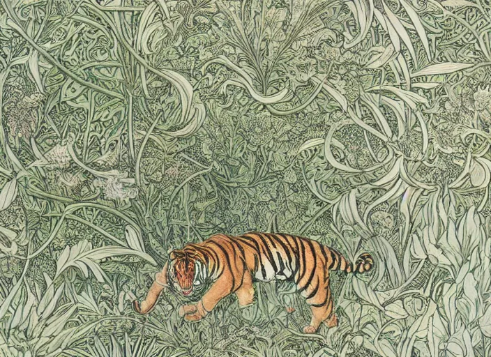 Prompt: a tiger in the centella asiatica in android jones, ernst haeckel and william morris style